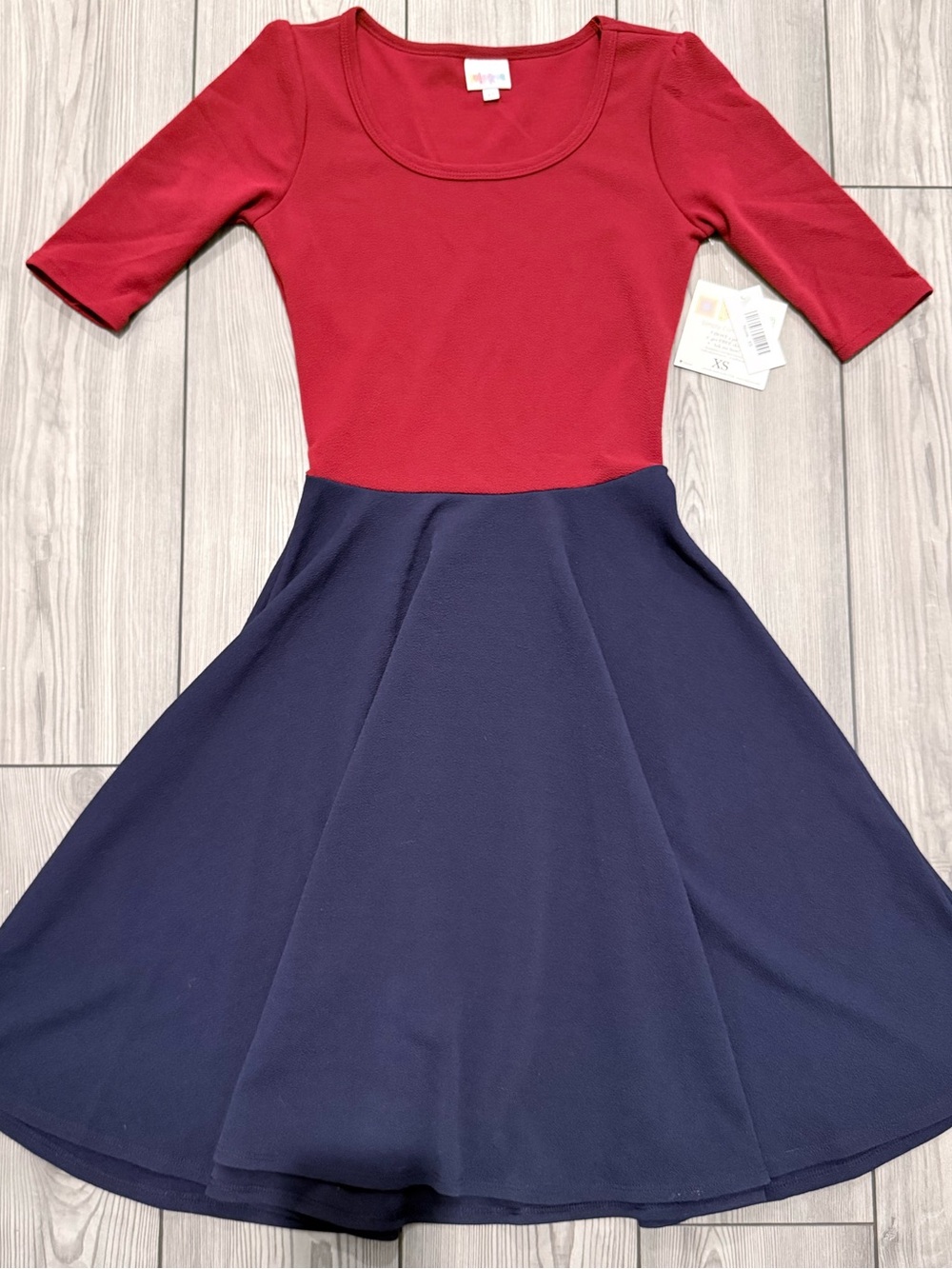 LuLaRoe Red Bodice Navy Flared Midi Dress